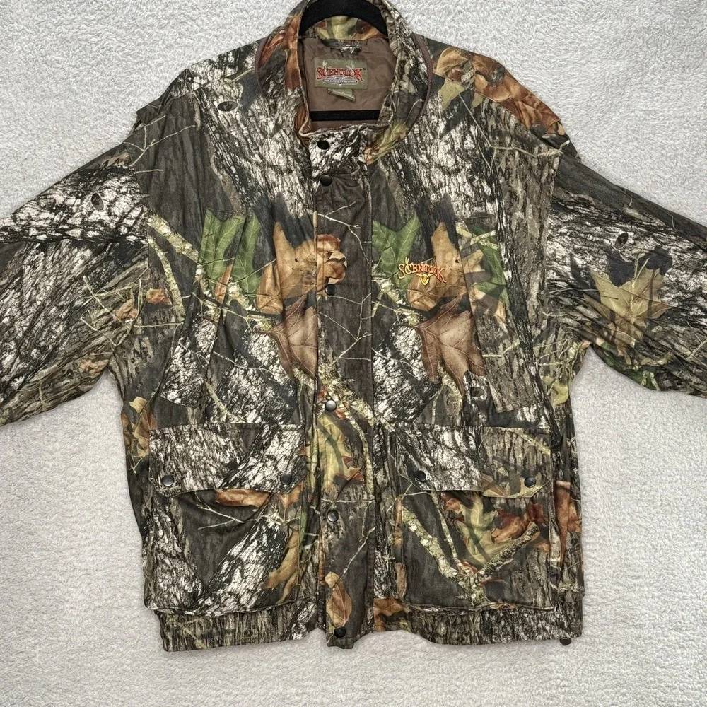 ScentLok Camo‎ Jacket Mens XL Full Zip Snap Hunting Coat Mossy Oak Pockets Lined